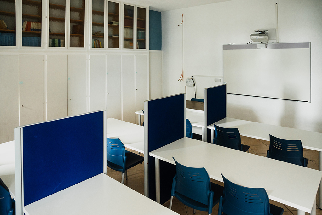 A classroom with study carrels