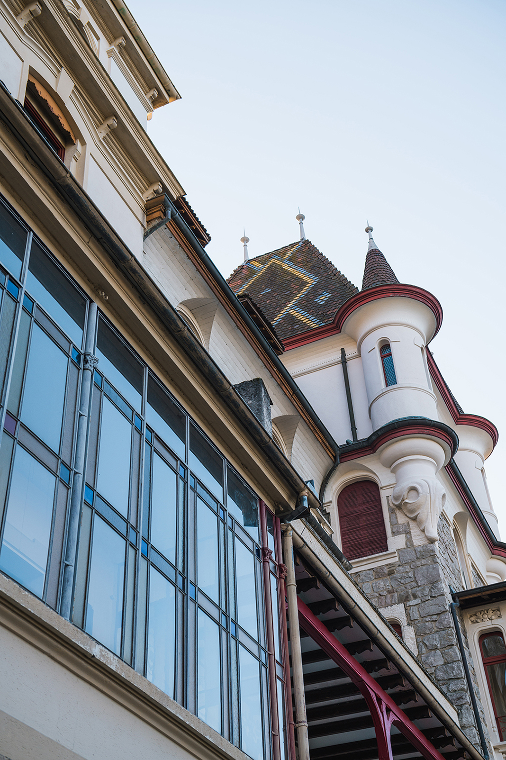 The château turret and stained-glass windows